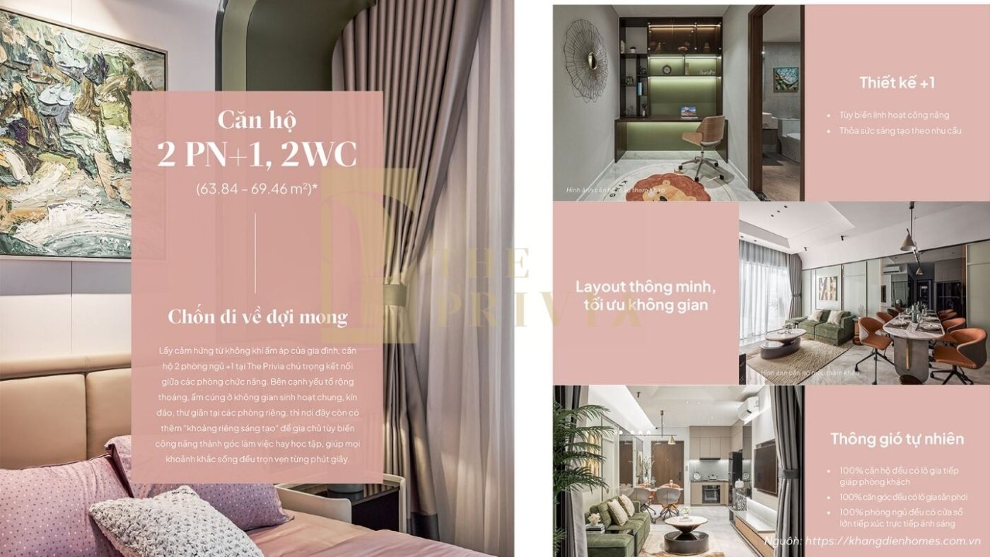 Nhà mẫu căn hộ The Privia Loại 2PN+1 - Diện tích 63m² - 69m² - Quý khách hàng tham quan nhà mẫu liên hệ Minh Cường 0932.027.432
