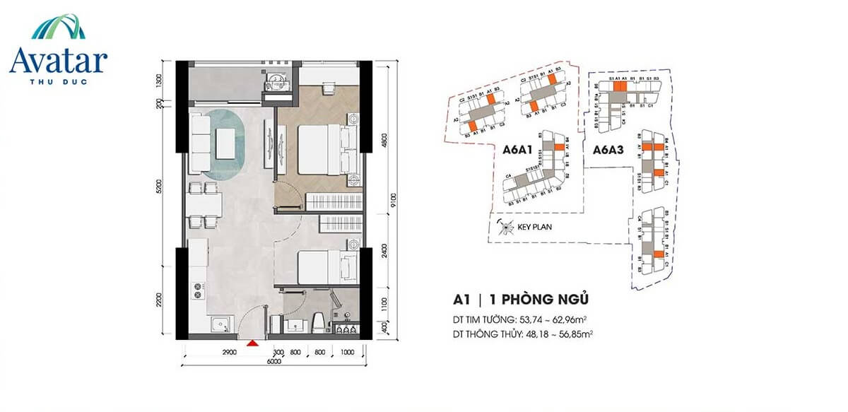 Layout căn hộ 1 phòng ngủ Avatar Thủ Đức