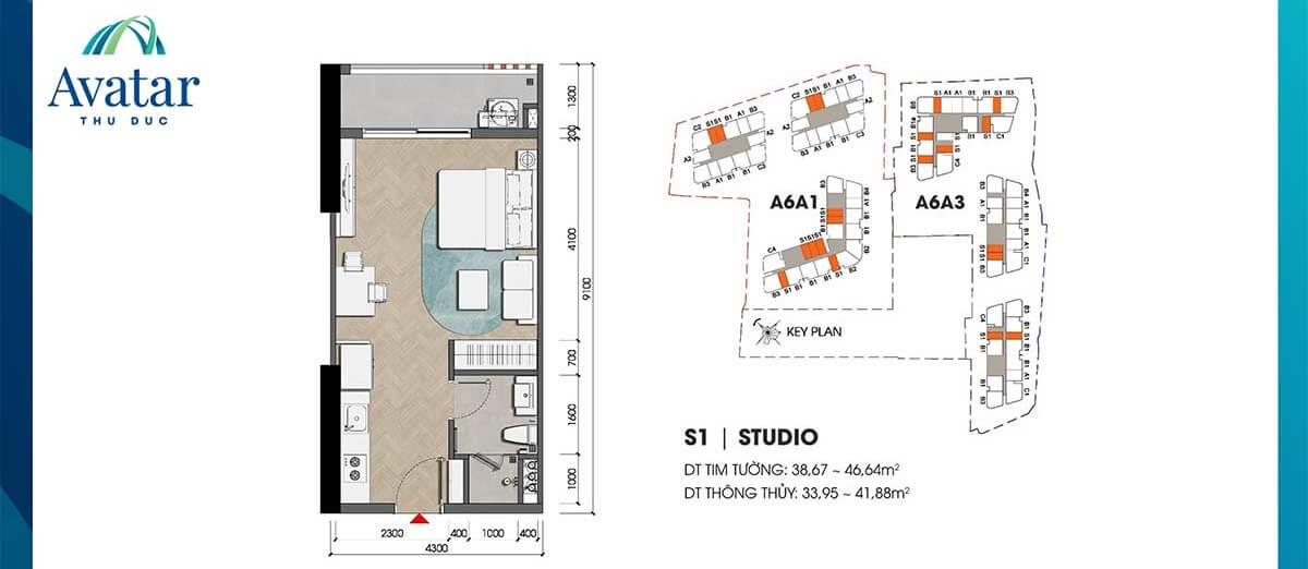 Layout căn hộ officetel Avatar Thủ Đức