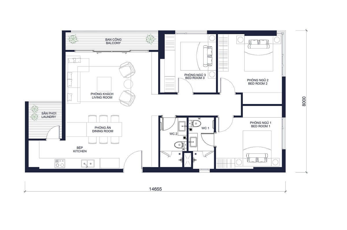 Layout căn hộ 3 phòng ngủ Millennium Master quận 4