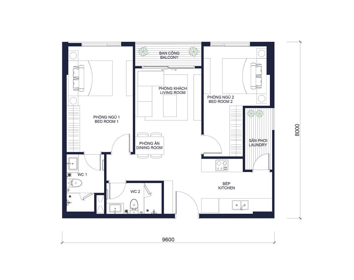 Layout căn hộ 2 phòng ngủ Millennium Master quận 4