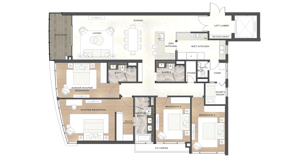 Layout thiết kế căn hộ 4 phòng ngủ