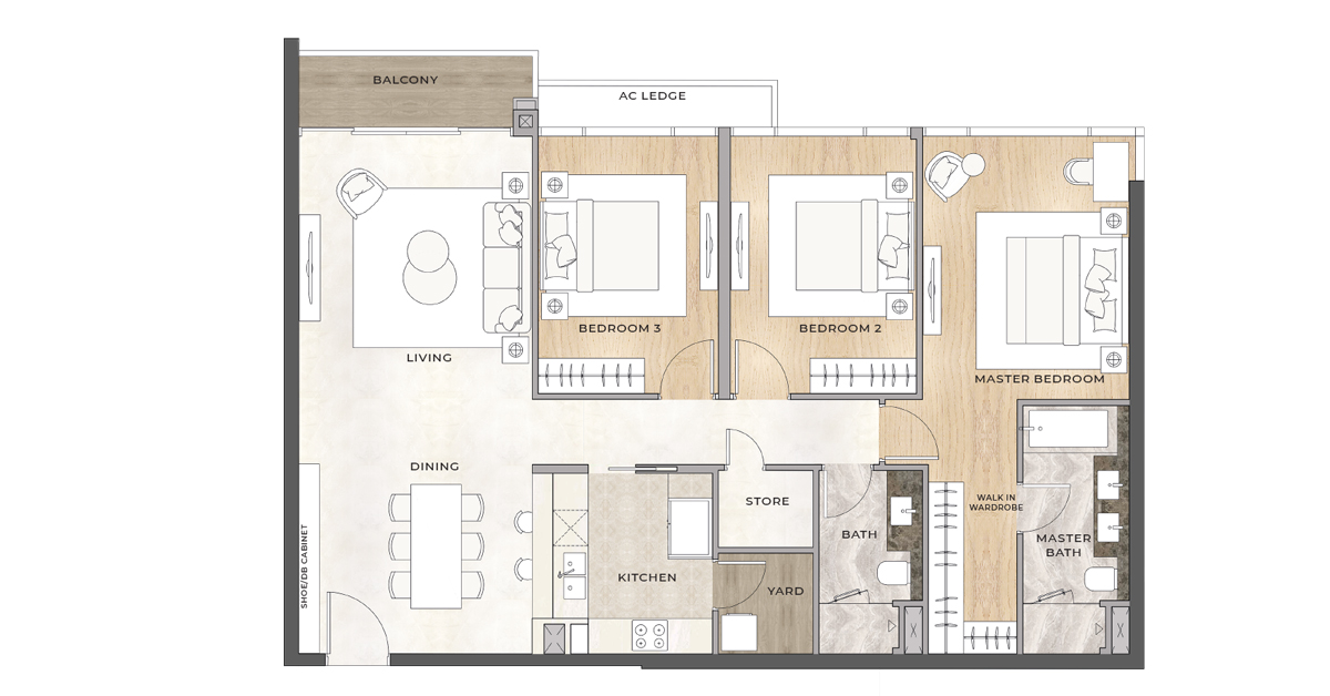 Layout thiết kế căn hộ 3 phòng ngủ