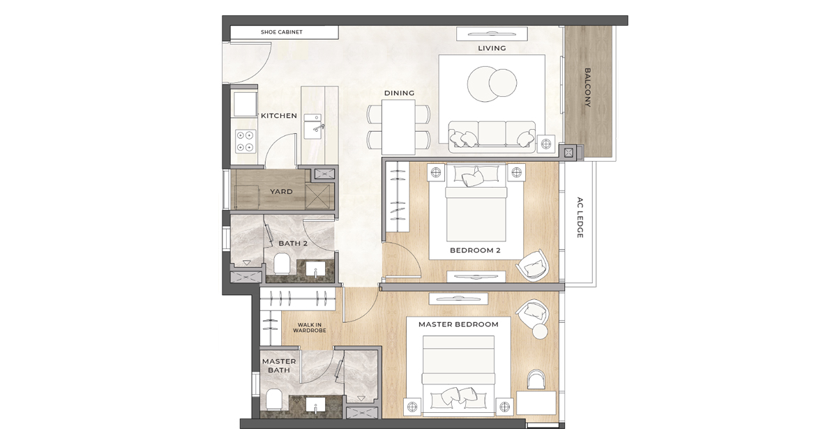 Layout thiết kế căn hộ 2 phòng ngủ