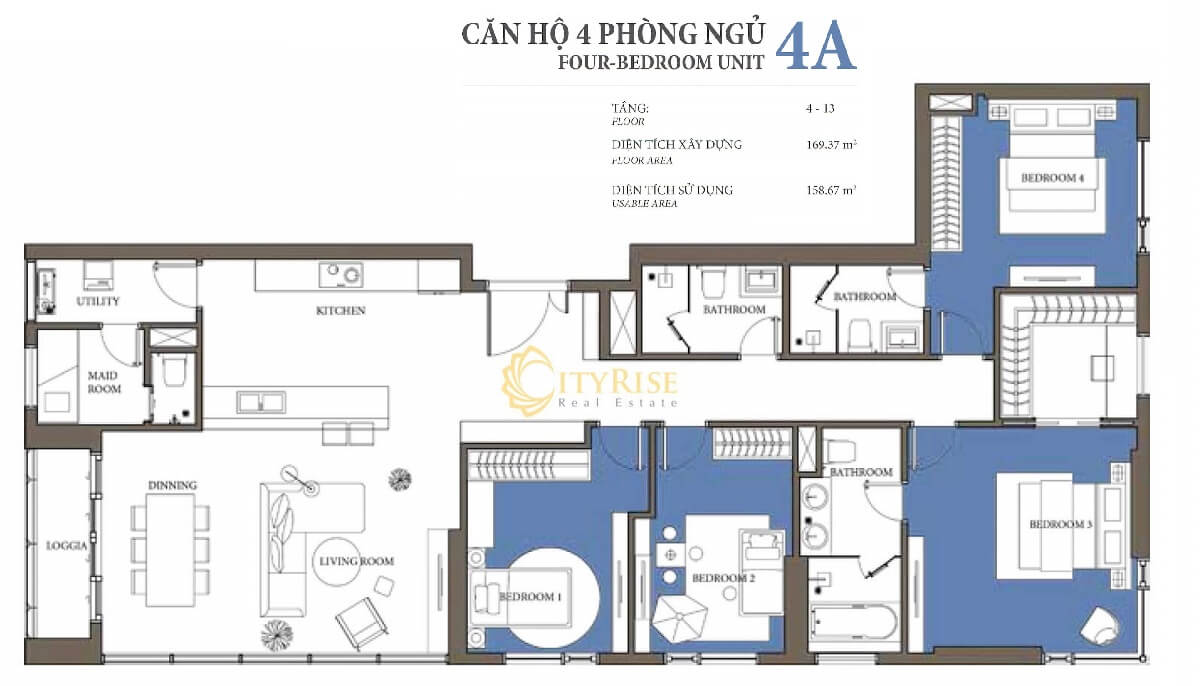 Layout thiết kế căn hộ 4 phòng ngủ Tháp Maldives