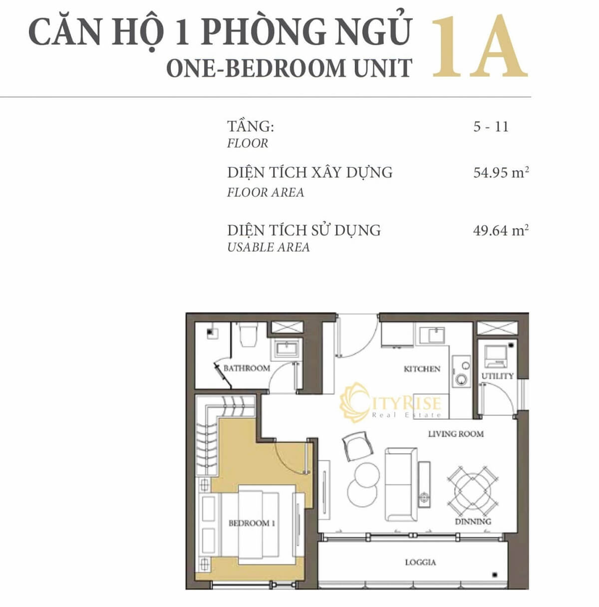 Layout thiết kế căn hộ 1 phòng ngủ Tháp Maldives