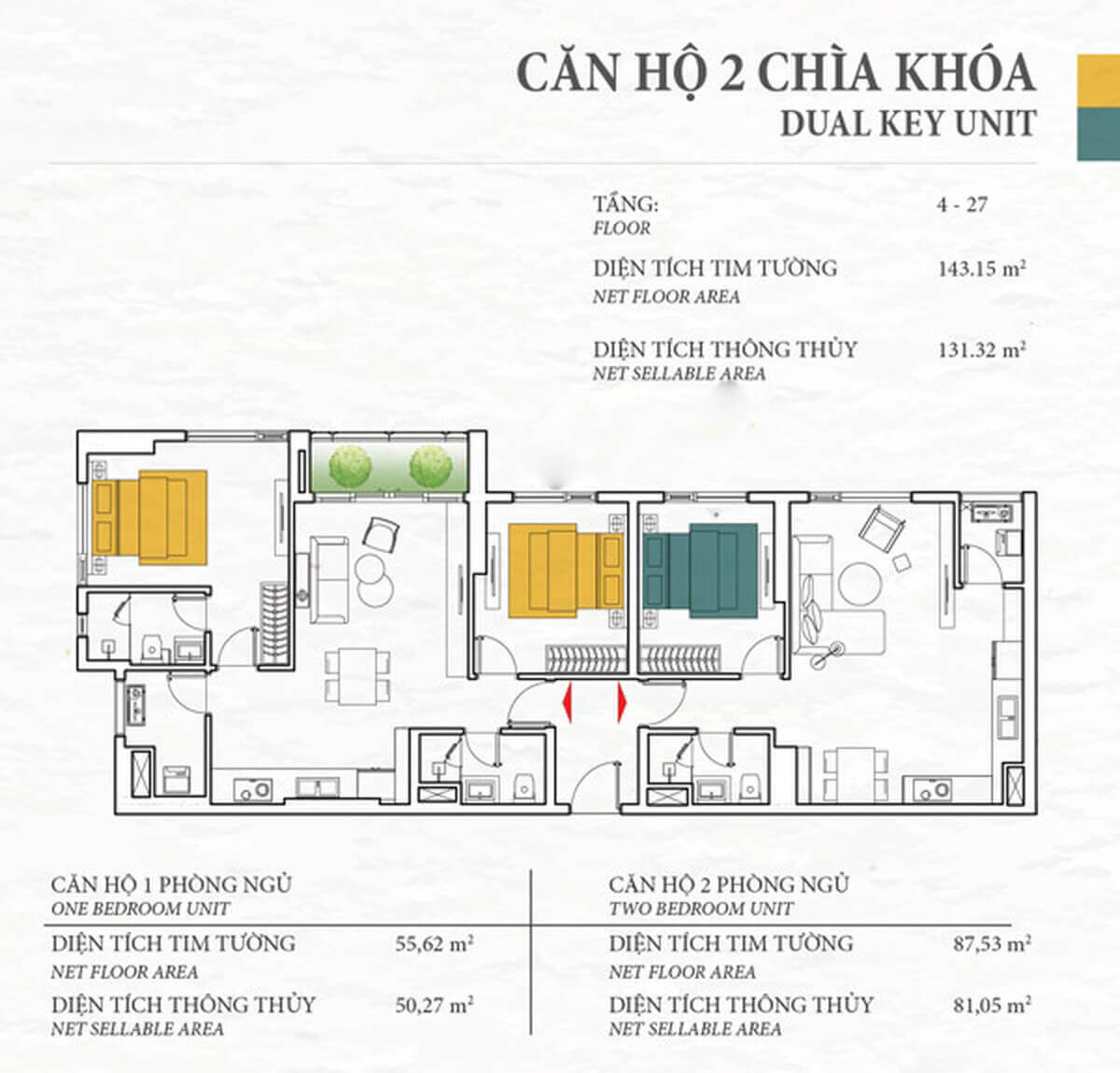 Layout thiết kế căn hộ dual key Tháp Bahamas
