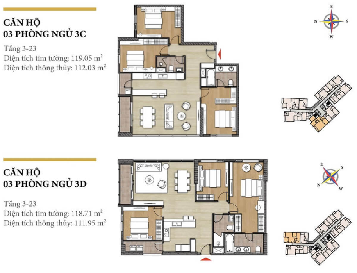 Layout thiết kế căn hộ 3 phòng ngủ tháp Hawaii