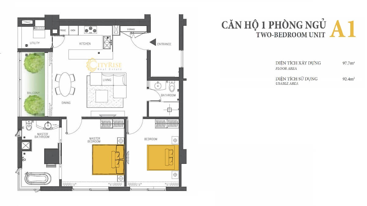 Layout thiết kế căn hộ 1 phòng ngủ tháp Brilliant