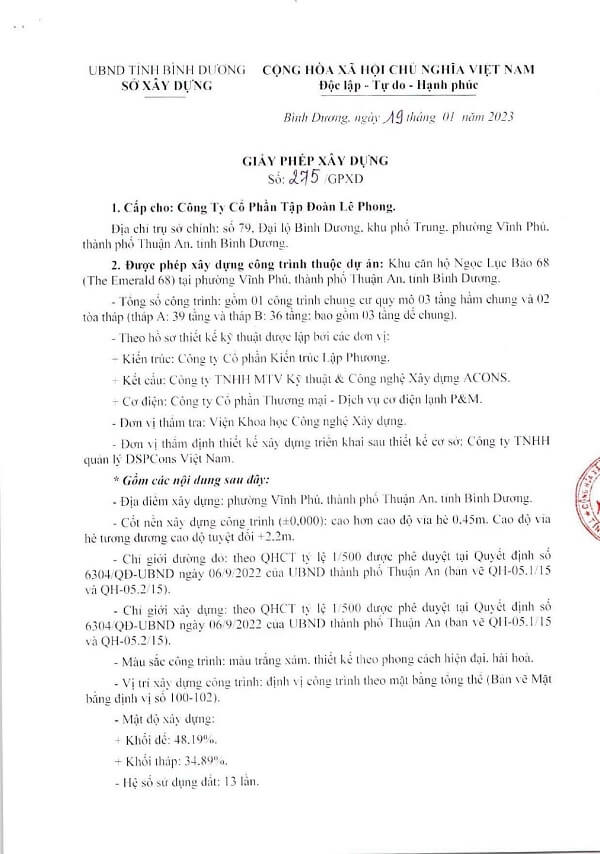 Giấy phép xây dựng dự án căn hộ The Emerald 68
