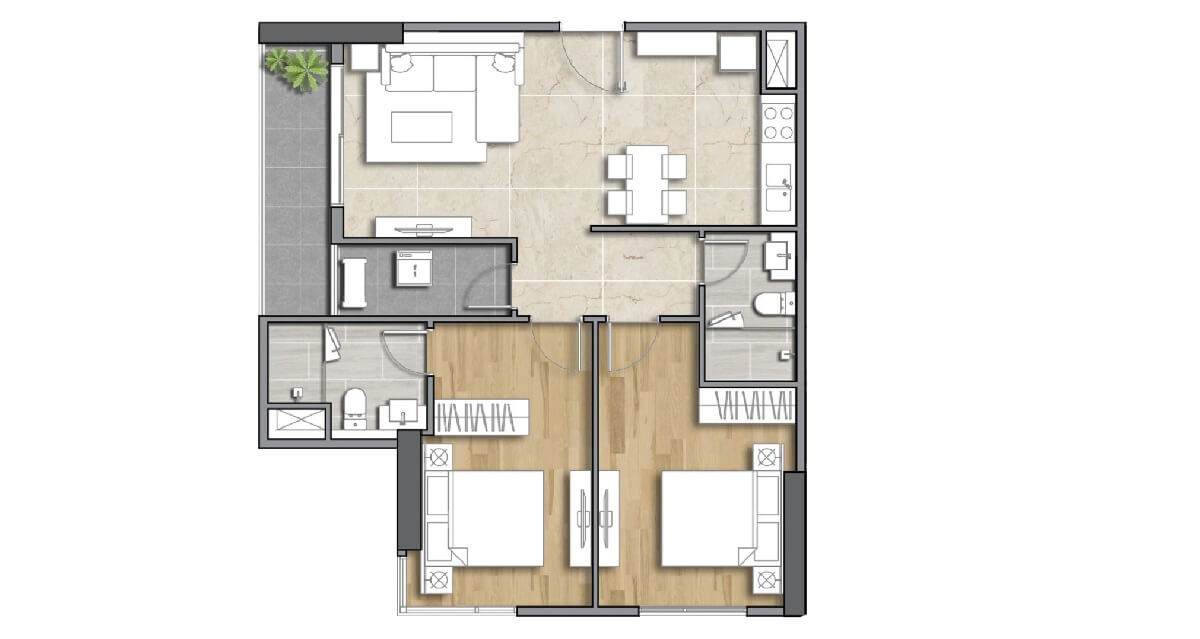 Layout căn hộ 2 pn The Emerald 68