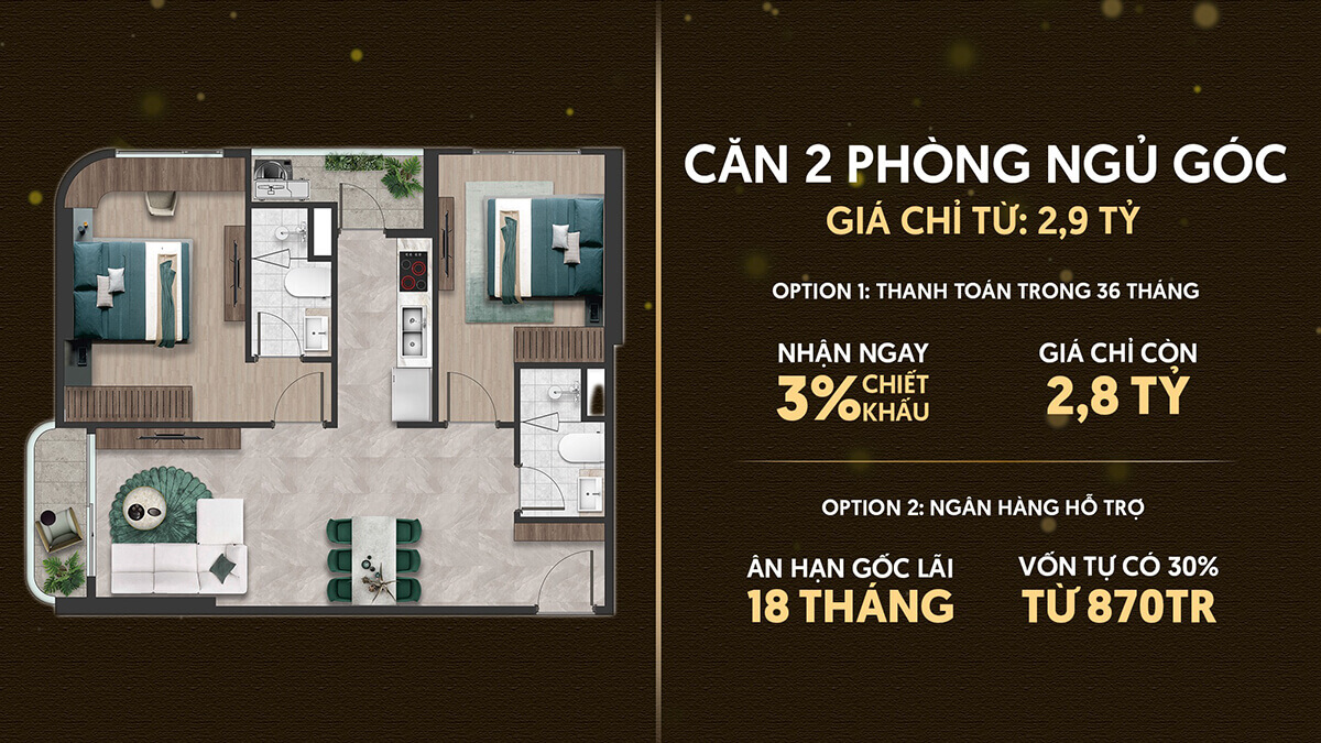 Căn hộ 2 phòng ngủ góc dự án The Emerald 68