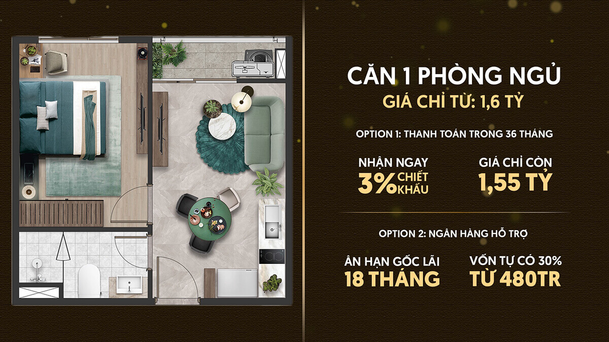 Căn hộ 1 phòng ngủ dự án The Emerald 68