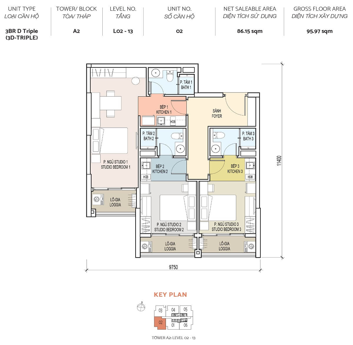 Layout thiết kế căn hộ 3 phòng ngủ tháp Alto dự án De La Sol quận 4