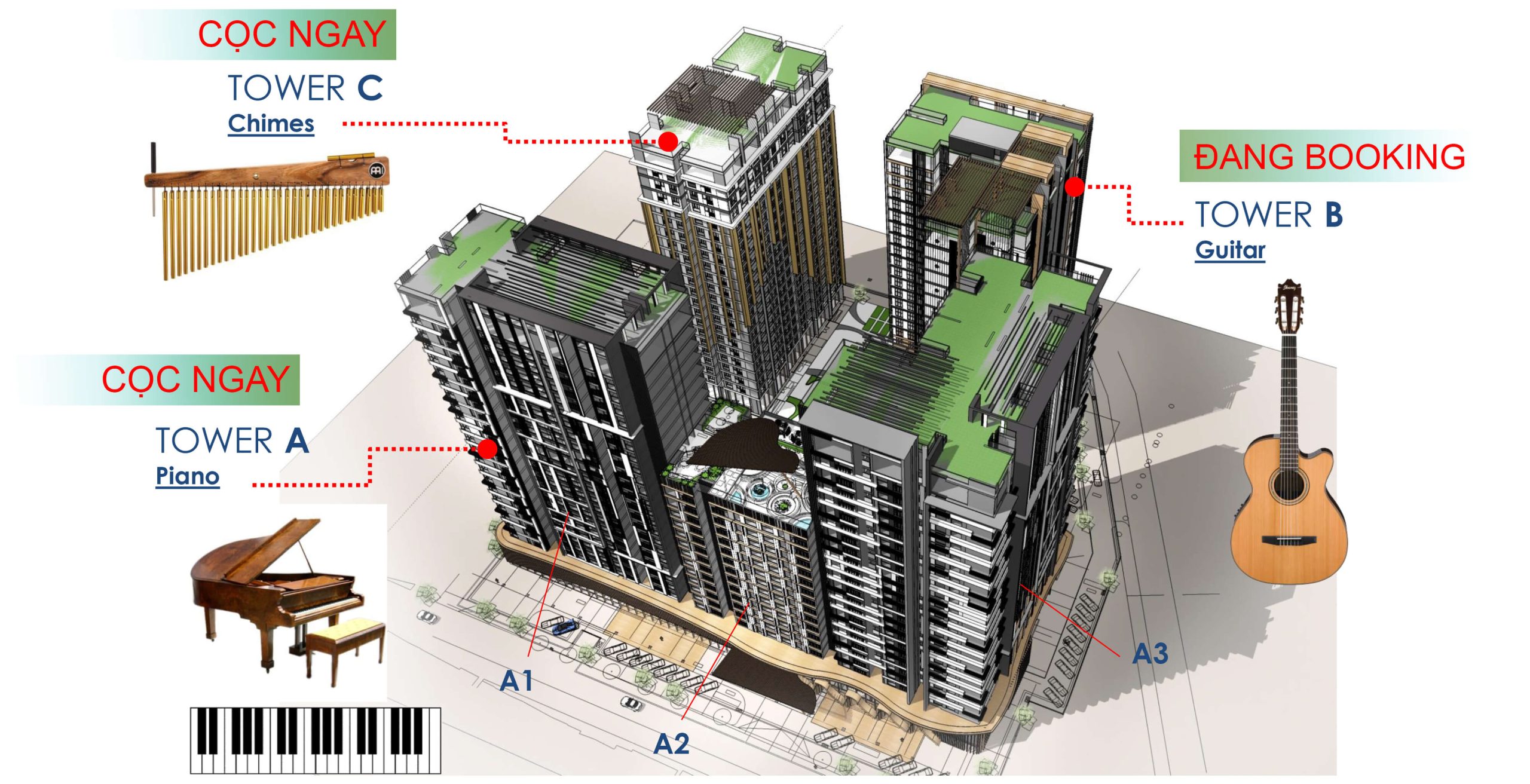 Phối cảnh tổng quan dự án căn hộ De La Sol quân 4, bao gồm 3 tháp Alto, Cello, Bass