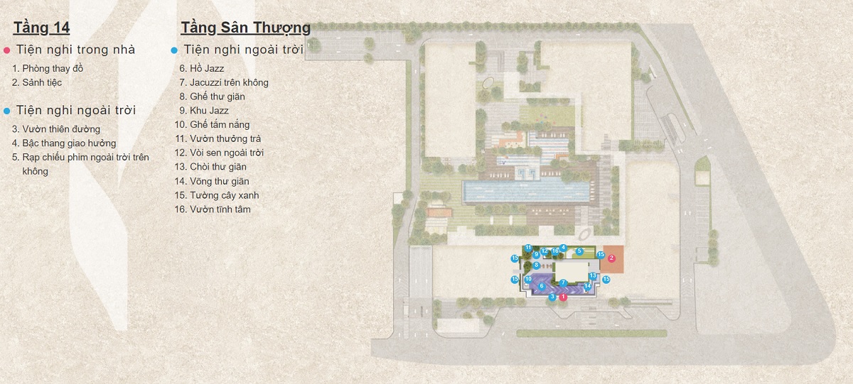Tiện ích nội khu tại tầng 14 và tầng sân thượng của dự án