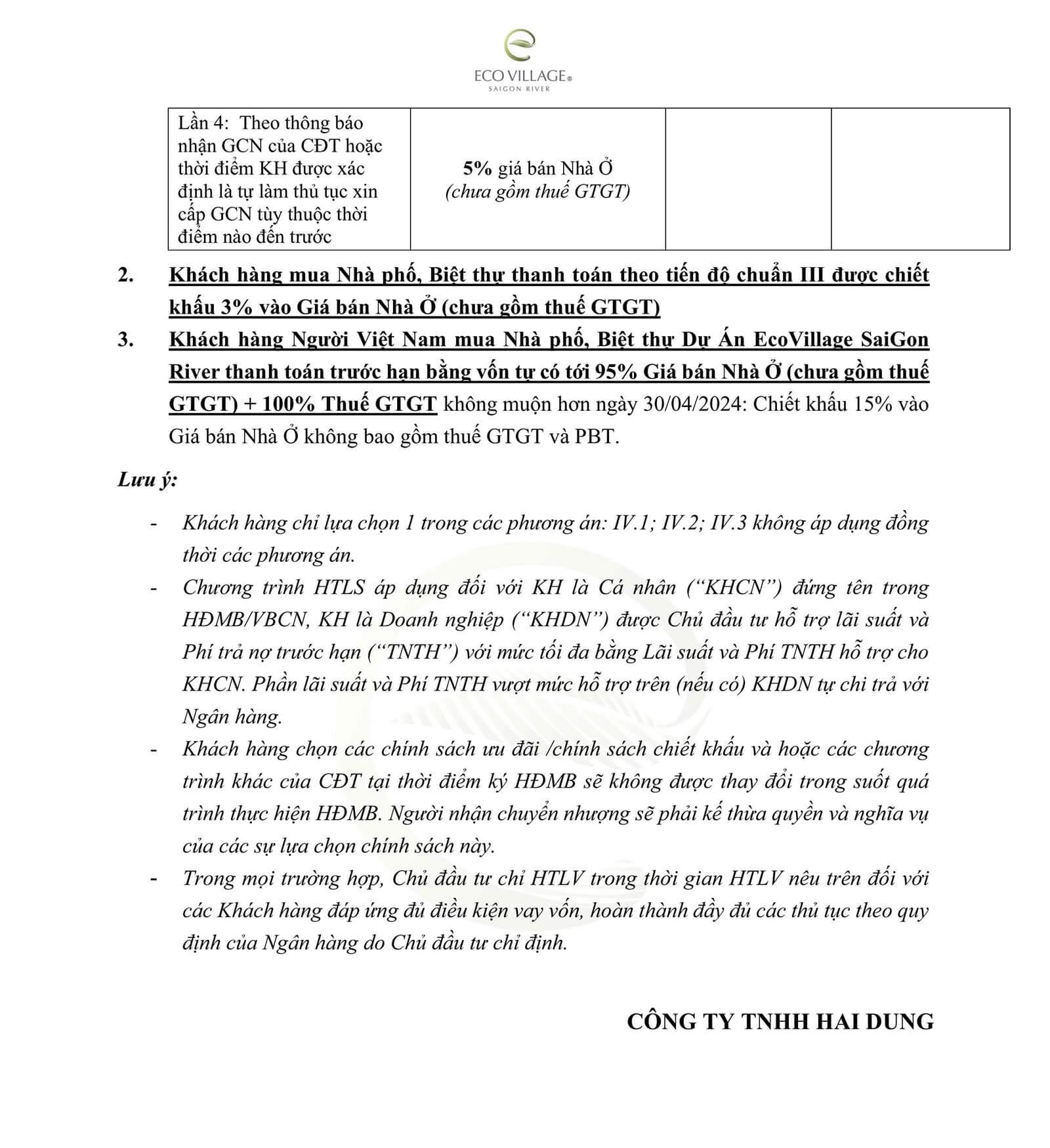 Eco village Saigon River thanh toán 