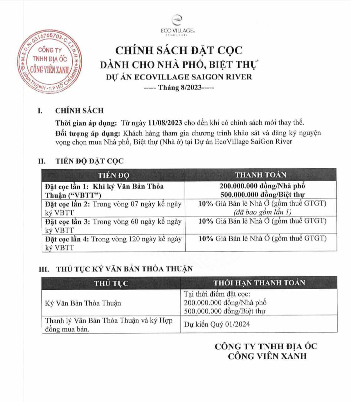 Eco village Saigon River thanh toán 