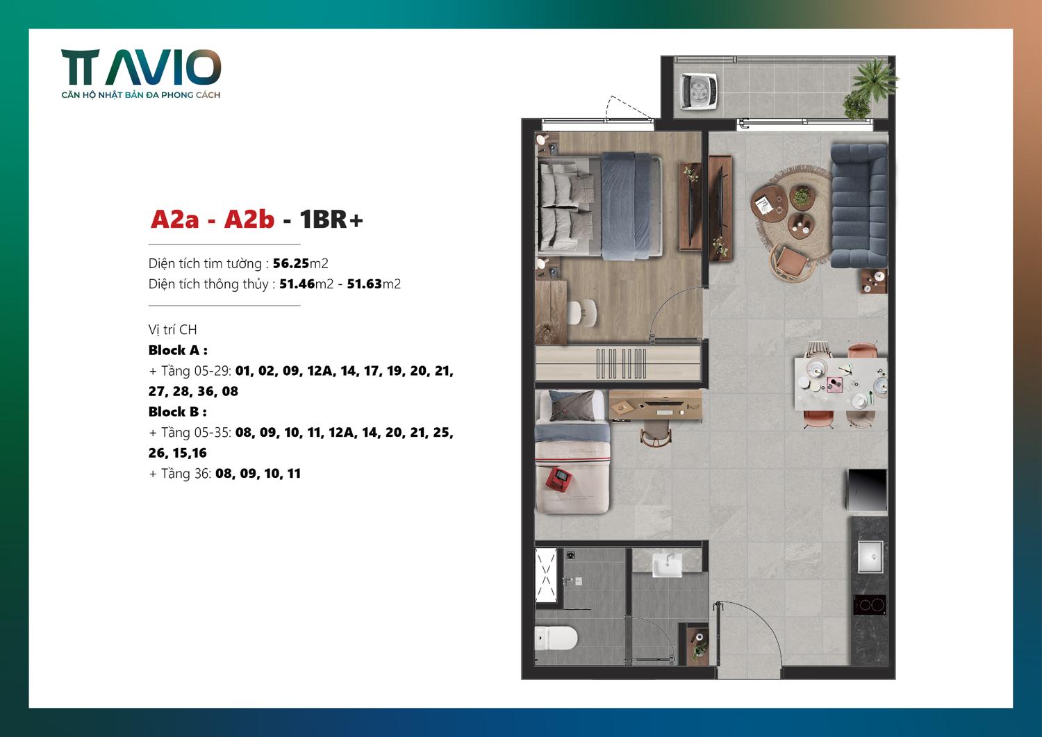 thiet ke can ho 1 phong ngu cong 56m2